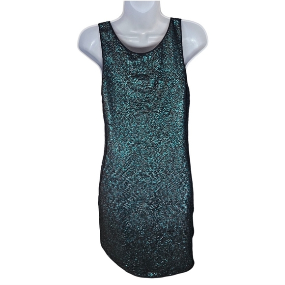 0006 Renzo + Kai Sequin Shift Dress Green Teal Black Mermaid Festival Size XS - Picture 2 of 14